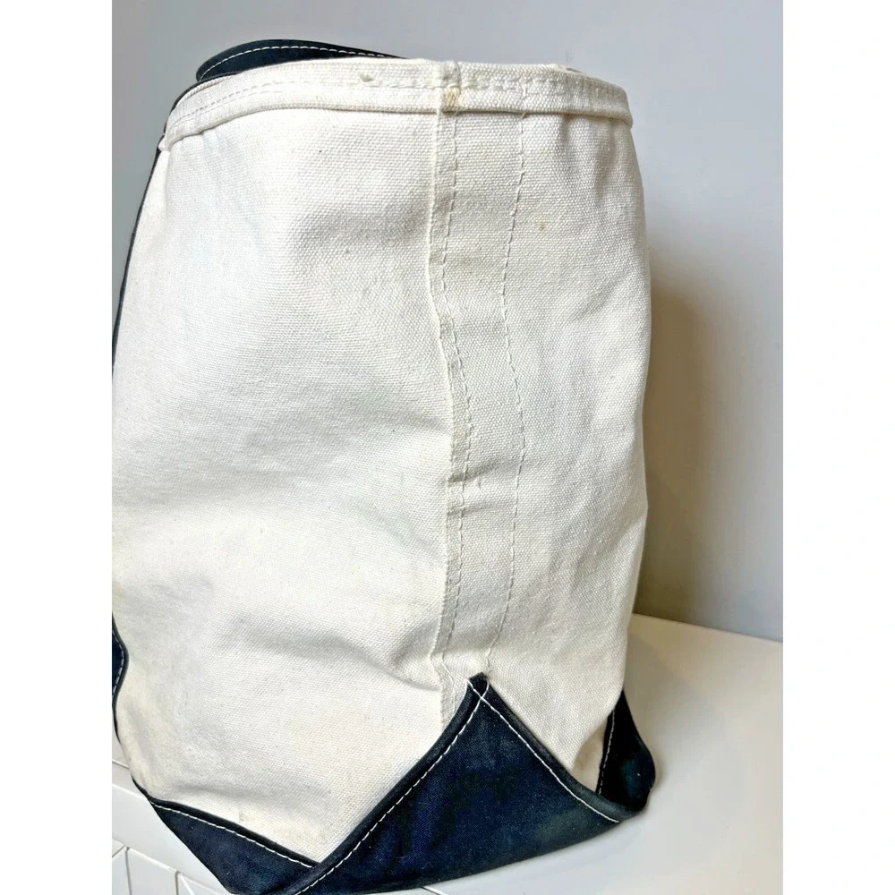 Vtg LL Bean Boat and Tote Bag XL 80s Cream Black Trim Stiff Zip Closure Canvas